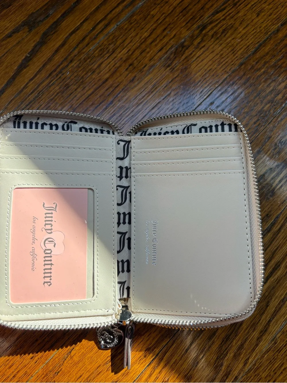 Juicy Couture Beige Suede Zip Card Holder with Pink Embroidery